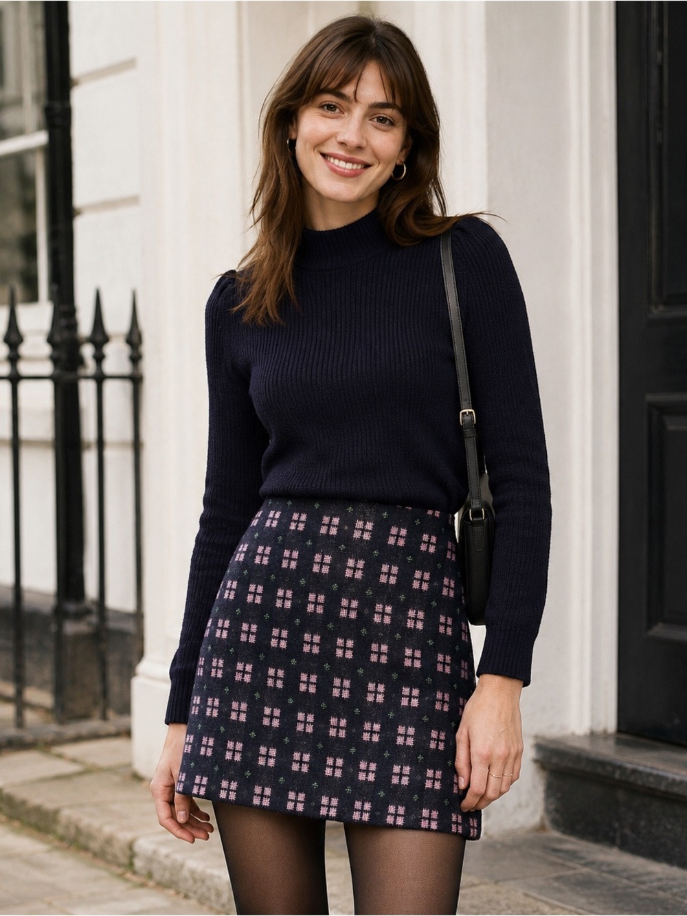 Boden British Tweed by Moon Wool Mini Skirt Navy Pink Geometric Print Lined Sz 6